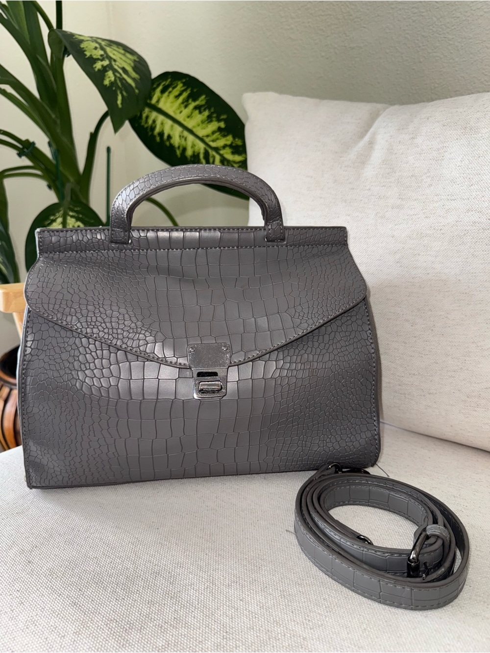 Versace 19.69 Abbigliamento Sportivo S.r.l. Croc-Embossed Gray Satchel Purse Bag